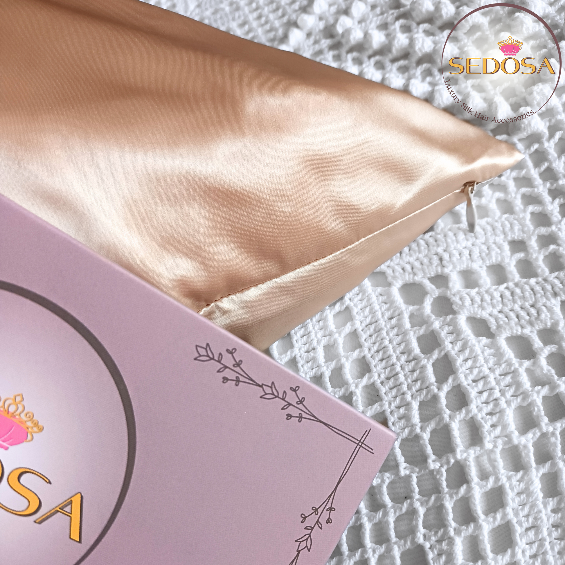 Silky caramel colour pillowcase on a pillow with 'SEDOSA' branding on a textured surface, showing the invisible zipper.