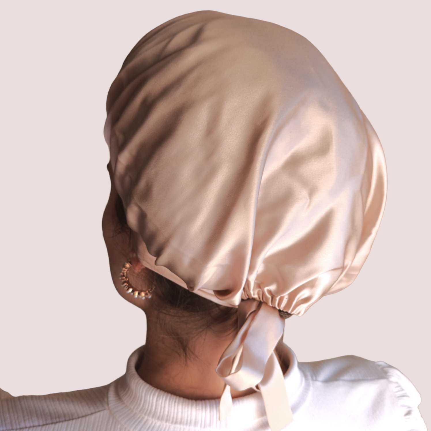 Photo of our real model wearing our hair bonnet